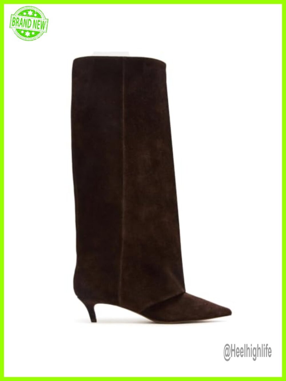 Suede Knee High Boots Pointed Toe Kitten Heel Pull On Fold Over Women's